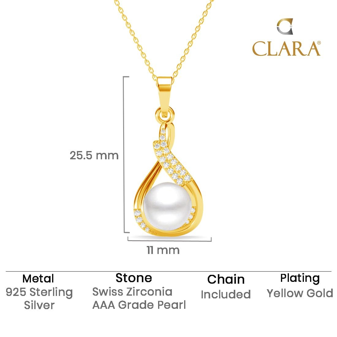 Clara 925 Sterling Silver Esin Real Pearl Pendant Chain Necklace | Gold Plated, Swiss Zirconia |Gift for Women and Girls