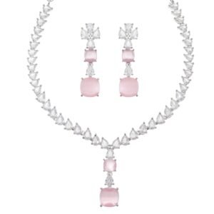 ZENEME Rhodium-Plated Square American Diamonds Studded Pendulous Necklace With Earrings Jewellery Set For Girls and Women (Pink)