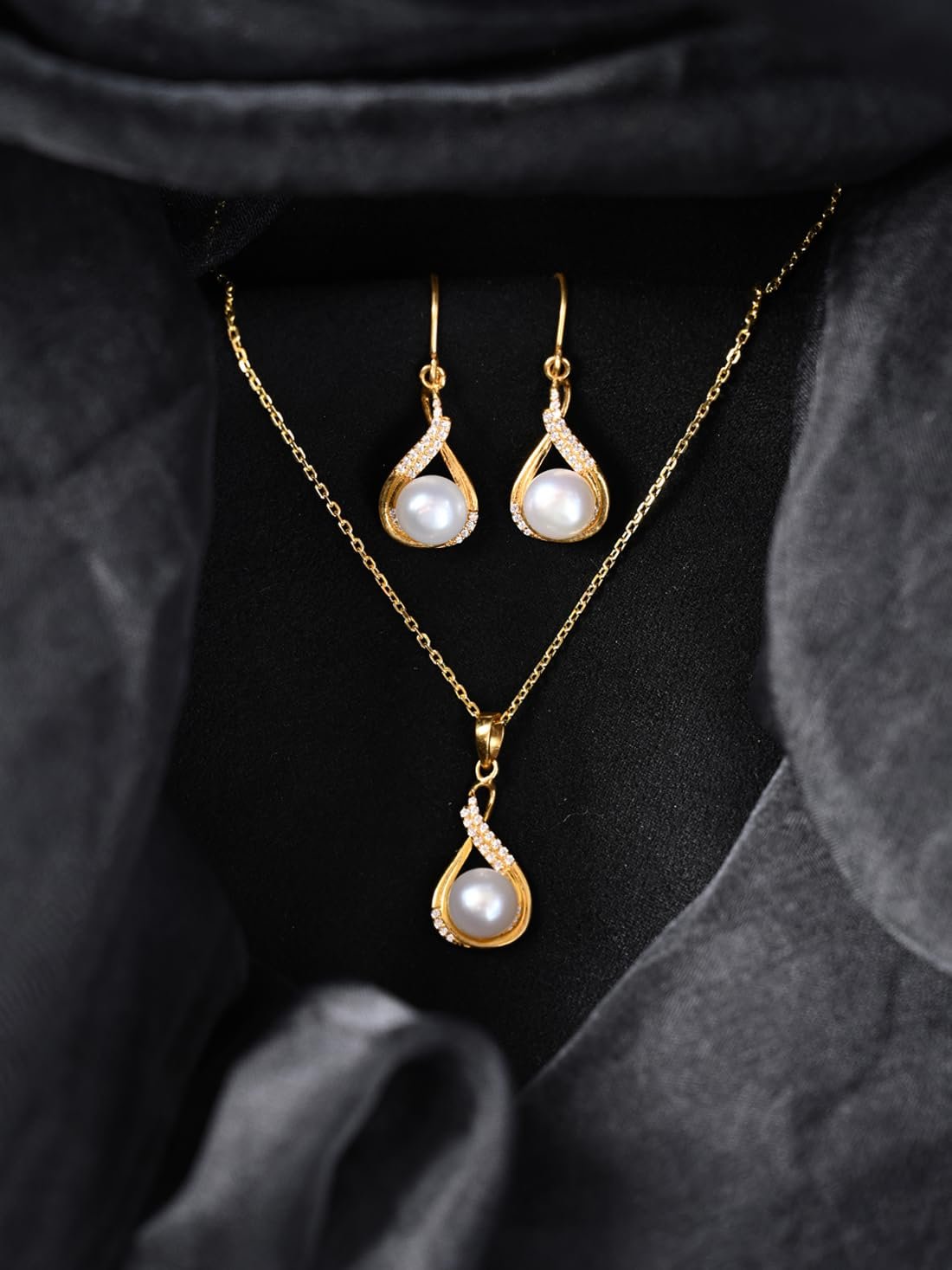 Clara 925 Sterling Silver Esin Real Pearl Pendant Earrings Chain Necklace Jewellery Set | Gold Plated, Swiss Zirconia |Gift for Women and Girls