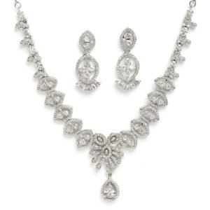 ZENEME Silver Plated Brass American Diamond Studded Rhodium Plated Floral Necklace With Earring Jewellery Set For Women & Gifts For Girls (Crystal American Diamond Necklace set)
